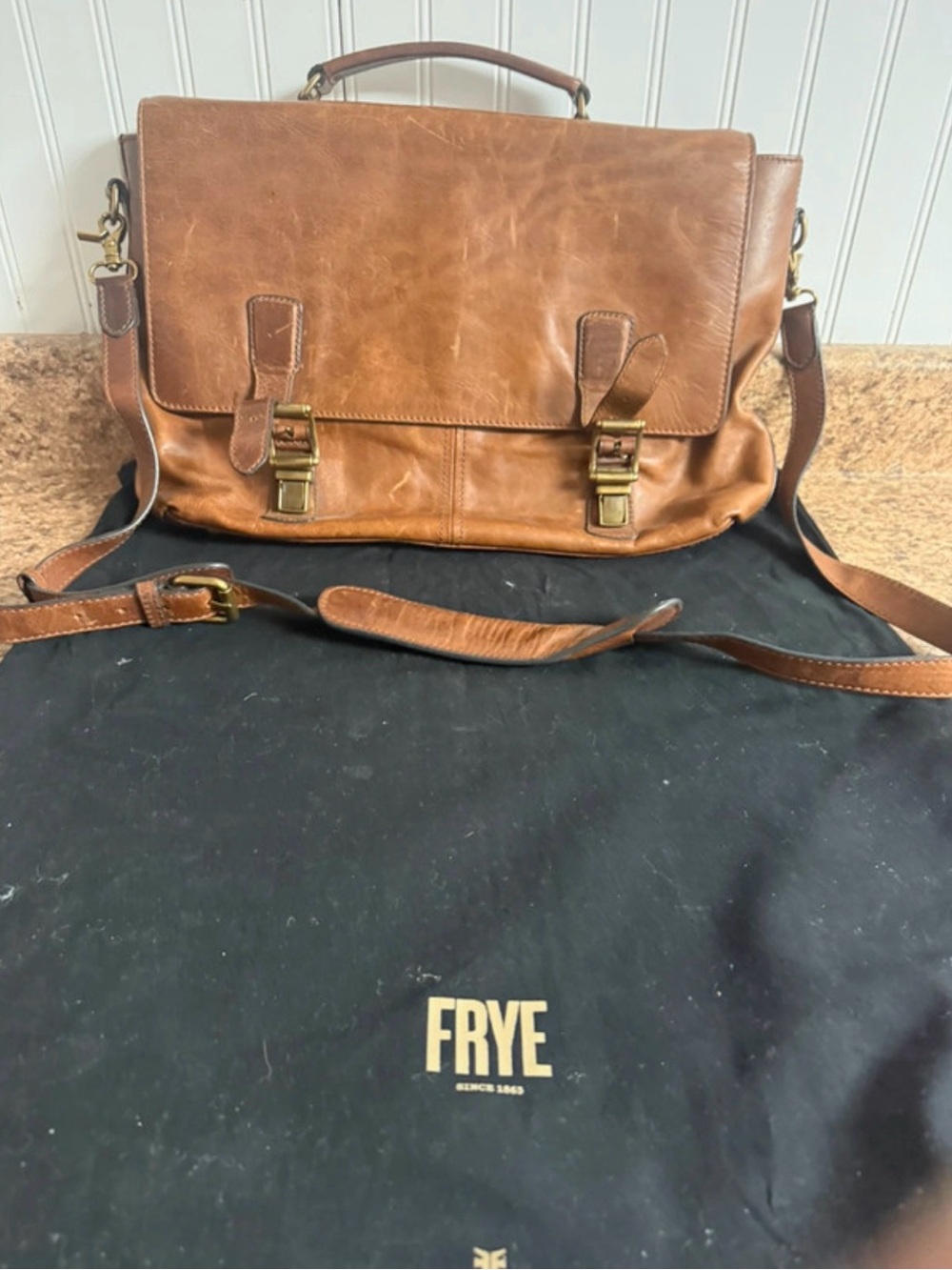 Frye Cognac Leather Satchel with Brass Buckles